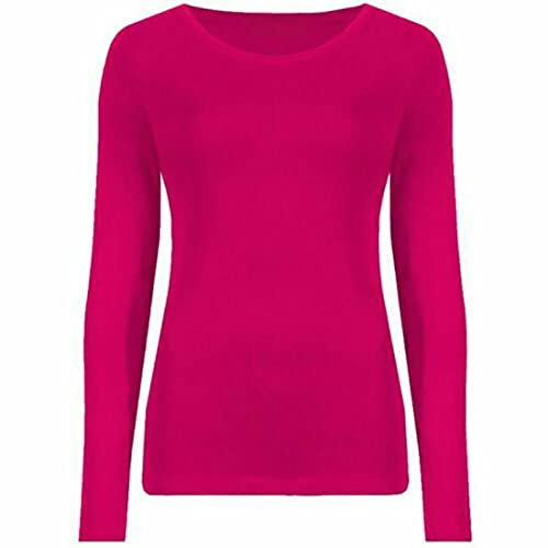 Zeetaq Maglietta da donna a maniche lunghe, tinta unita, casual, con scollo rotondo, Fucsia, 12-14