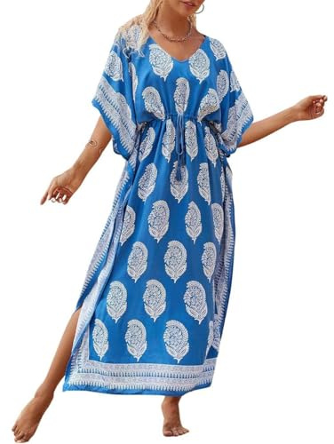 Bsubseach Tallas Grandes Caftanes para Mujer Traje de Baño Largo con Cordón en la Cintura Azul