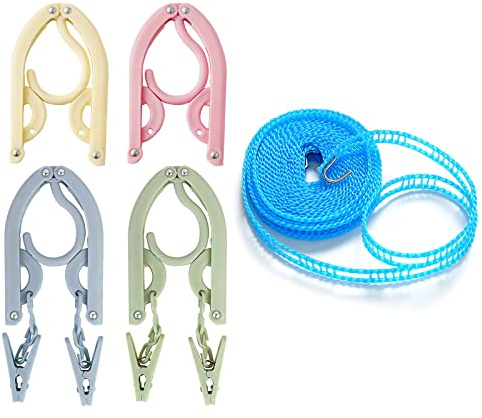 4Pack Kleiderbügel Faltbar - Tragbarer Reise Hänger für Wäscheleine mit Klammern, Nylon Doppel Winddichte Wäscheleine Camping Outdoor
