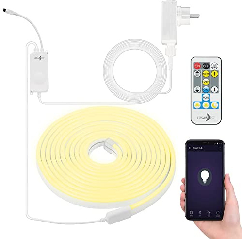 Lunartec LED Streifen: WLAN-Lichtschlauch mit CCT-LEDs, App, Sprachsteuerung, IP65, 5 m (Lichtstreifen Outdoor, Neon Schlauch, TV)