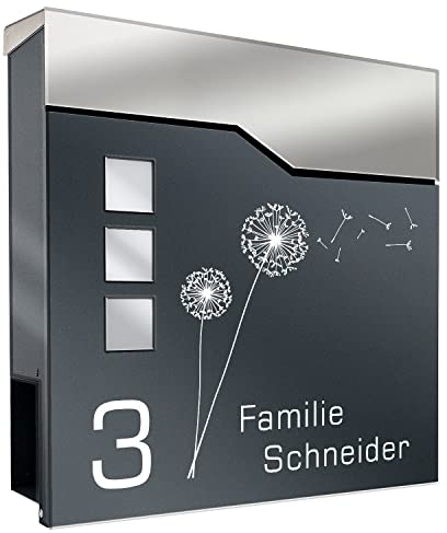 Zalafino Briefkasten anthrazit RAL 7016 mit Beschriftung - individualisierbarer Design-Briefkasten aus pulverbeschichtetem Stahl mit Zeitungsrolle und 3 Sichtfeldern (Svenja)