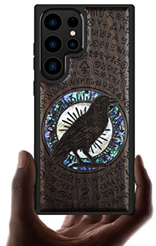 Carveit Handcrafted Case for Galaxy S23 Ultra (Raven-Blackwood) | Samsung Galaxy S23 Ultra Case - Compatible with MagSafe Wireless charger - Wood Engraved Shell Inlaid - TPU Shockproof Bumper