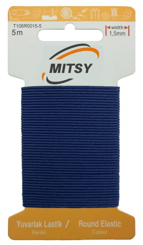 MITSY Cinta de goma redonda resistente al desgarro para coser, ancho de 1,5 mm, 5 m, color azul marino, fuerte, redondo, goma para pantalones, hogar, manualidades, tejidos para costura