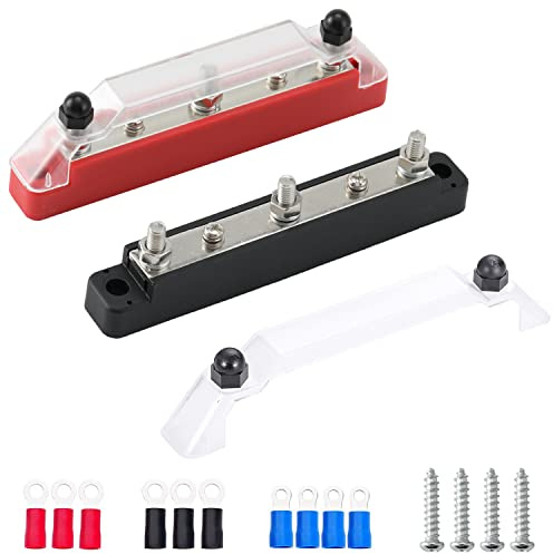 Greluma 1 Paio Morsettiera di distribuzione dell'alimentazione a 5 vie, kit barra collettrice batteria a 5 terminali, 3 montanti M6 (1/4), 2 terminali a vite M4 (n. 8) con terminali ad anello