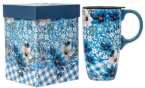 Topadorn Ceramic Travel Mug with Lid and Handle - Gift for Coffee Lovers, Latte Teacup, Milk Cup in Color Box, 17 Oz, Blue Flowers