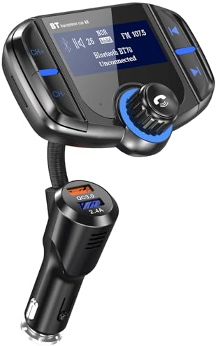 GizmoVine FM Transmitter, Car Bluetooth, Hands Free Car Kit with Sensitive Volume Control Knob and Large Button/ 1.7 Display/QC Fast Charger, 3 in 1 Music Player Supports Aux & TF Card & USB Disk
