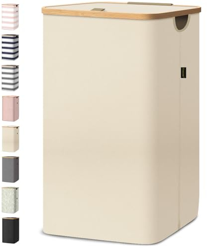 BALEINE Laundry Hamper with Lid, Tall Laundry Baskets with Bamboo Pull Handles, Large Laundry Bin with Internal Support (26 Gal/100L, Beige)