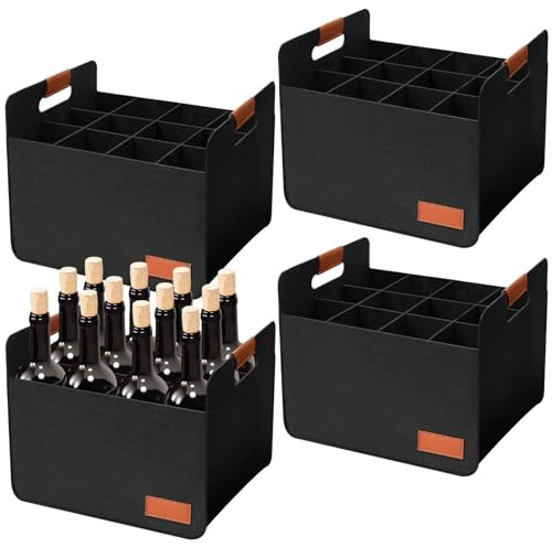 Windyun 8 Pcs 12 Bottle Wine Bottle Boxes for Moving Wine Carrier Tote with Reinforced Cardboard Set 14.5''x12.6''x10.63'' Reusable Felt Tote Bag with Handles Collapsible Ratafia Packing (Black)
