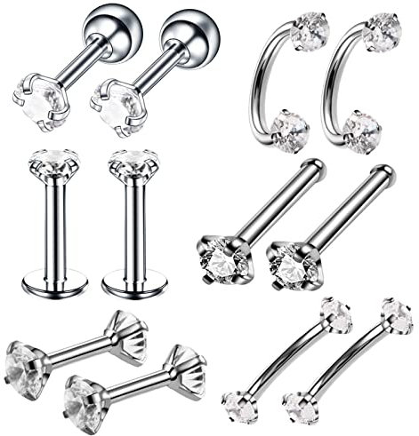 Epinki Schmuck 12Pcs Nose Stud Men, Silber Septum Ring Stud U Hufeisen aus Edelstahl, Lippenpiercing Ohrringe mit Zirkonia für Männer Frauen,