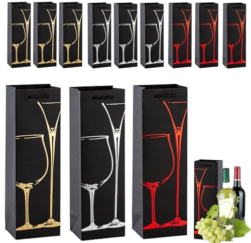 Kraftpapper vinflaskväskor med starka rephandtag, 12-pack svarta flaskväskor för vin, whisky, champagne, återanvändbar vinpåse enkel vinflaska presentpåsar för jul bröllop födelsedagsfest