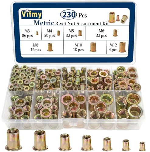 Assortiment d'écrous à rivet métriques Vifmy (230 pièces), M3 M4 M5 M6 M8 M10 M12, tête plate, écrous à riveter en acier au carbone avec finition zinguée