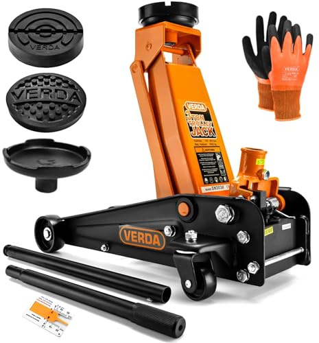 Verda Hydraulischer Wagenheber 3T, 130-490 mm + 2X Gummi + Handschuhe Rangierwagenheber Heber Auto, PKW, Profi, Ständer, Flache, Wohnmobil, Geländewagen (Wagenheber)