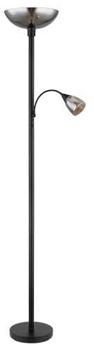Stehleuchte Deckenfluter Standlampe Leseleuchte Schlafzimmerleuchte Wohnzimmerlampe, Metall schwarz Glas rauchfarben, getrennt schaltbar Lesespot schwenkbar, H 178 cm