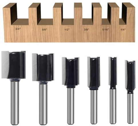 SICWOOD Set di 6 punte dritte per fresa con gambo da 1/4, punta dritta a doppia scanalatura Dado taglio dritto, diametro di taglio 3/4, 5/8, 1/2, 3/8, 5/16, 1/4, punta dritta per fresatura per