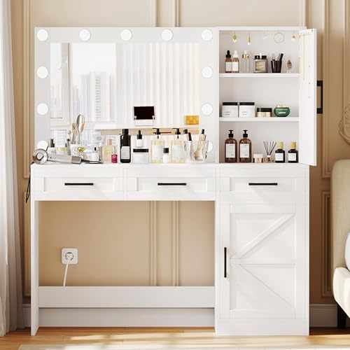 Rovaurx Farmhouse Vanity Table with Mirror & Lights, 47 W Makeup Vanity with 10 Necklace Hooks, Vanity Desk with Charging Station, 3 Color Lighting Modes, Door Cabinet, White RSZT112W