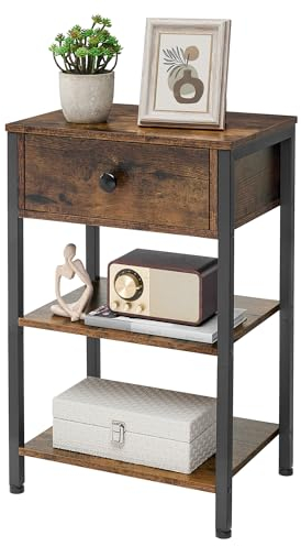 FAVOOSTY Nachttisch mit Schublade Couchtisch 2 offenen Ablagen Kleiner Nachtschrank Platzsparend Holzwerkstoff Sofatisch Telefontisch Kommode Fächer Schlafzimmer Akzentmöbel Holzoptik