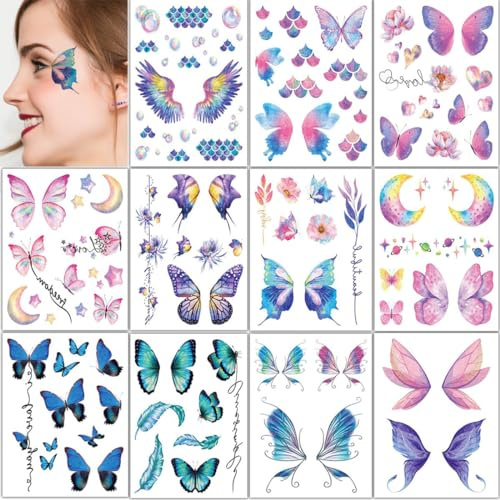 LZKHEH 12 Glänzende temporäre Schmetterling Tattoos für Gesicht und Körper - wasserdichte Aufkleber mit Engelsflügeln - Perfekt für Musikfestivals, Bälle, Partys und Cosplay