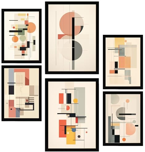 Nacnic Set de 6 Bauhaus Colores Pastel Rosa Celeste Gris Cuadros con ilustración de diseño para decorar las paredes del hogar. Habitación, oficina, tienda. Tamaño A3 y A4. Marco negro