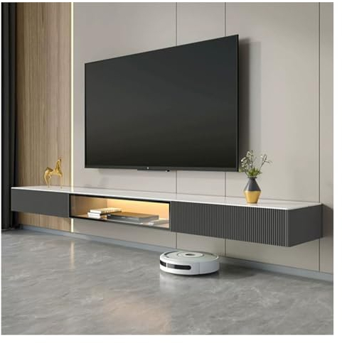 TV-Schrank Schwebender TV-Ständer, wandmontierter TV-Schrank mit 2 Schubladen und 1 Regal, Tischplatte aus Schiefer, schwebendes Entertainment-Center, intelligente Fernsehkonsole mit Sensor-LED-Licht