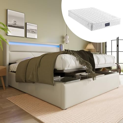 Skcess Hydraulisch Stauraumbett Mit Led-Beleuchtungsleiste, Doppelbett Bettgestell Polsterbett 140X200Cm, Funktionsbett, Weiß (Mit Matratze)