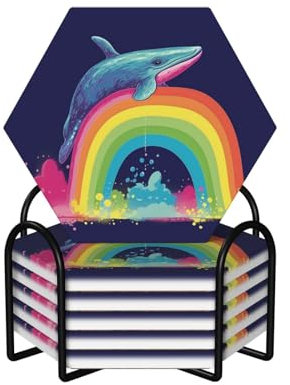 Untersetzer für Getränke, rund, saugfähig, Keramik-Untersetzer, rutschfest, mit Halter und Korkboden, wiederverwendbare Tassenmatte, bunter Wal auf Regenbogen-Tassenuntersetzer für Arten von Tassen, 6