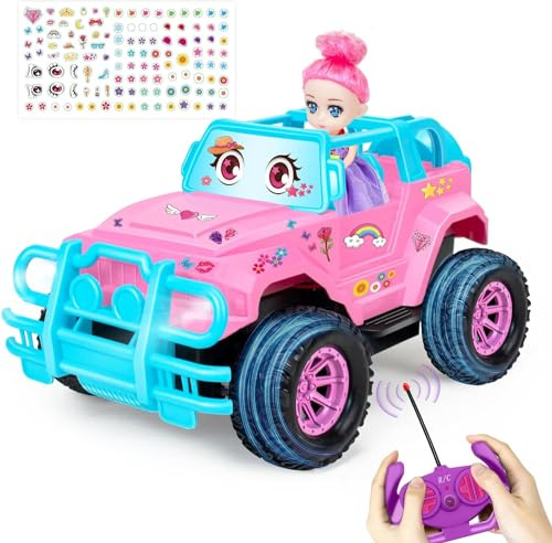 Remote Control Cars for Girls, 1:20 Pink Rc Car with Doll & DIY Stickers for Kids, LED Light Full Functions Rc Racing Vehicle, Truck Toy for Girls 3 4-7 8-12 Christmas Birthday Gifts Present