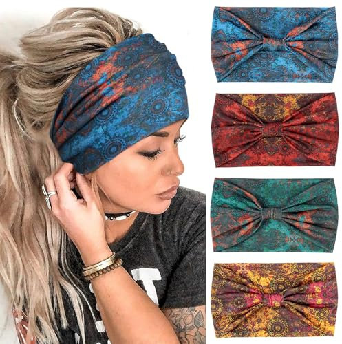 Kavya Haarband Damen, 4 Stück Breite Stirnband Damen Boho Headband Weiche Elastische Haarbänder Yoga Haarreifen Damen und Mädchen Haarschmuck