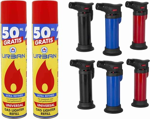 DISPAU 6 Mini Sopletes para Cocina Flambeador de Gas con Llama Ajustable Perfecto para Caramelizar, Crema Catalana y Barbacoas ¡Con 2 Botella Gas Rellenables con 5 Adaptadore Gratis!