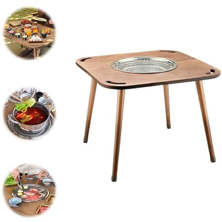 Tavolo da Campeggio Pieghevole Legno, Barbecue da Tavolo a Carbone, Bacino Coibentato Supporto Stabile Multiuso, per Campeggio Grigliate, Cucinando(60 * 60CM)