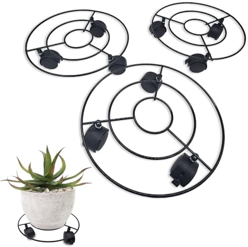 Kuvias Plant Pot Stand with Wheels & Lockable Brake (Pack of 3) Weather Resistant Heavy Duty Black Rolling Plant Stand 360° Rotating Caddy Wheels Movers for Indoor & Outdoor Flower Pots (D25 x H7 cm)