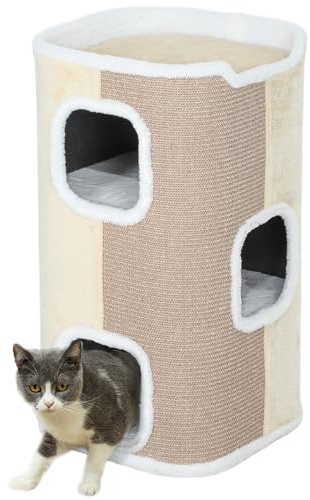 PawHut Tonneau à chat à trois étages de 74 cm de haut avec coussin, bord en peluche, grotte pour petits chats, beige + blanc