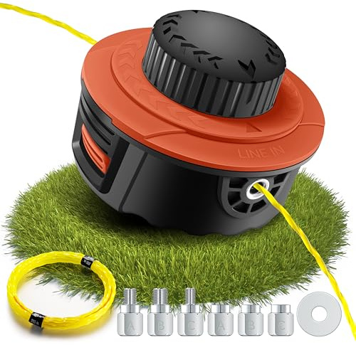 Fadenkopf für Motorsense mit Trimmerfaden,Einfaches Tap & Go System,Universal passende Fadenspule mit 6 Gewindeadapter,für die meisten Akku-Rasentrimmer und Akku-Freischneide (Orange)