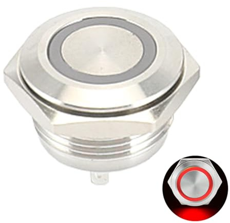 Powice 16mm Taster Wasserdicht Momentaner Schalter Mit Rot LED Licht,Druckschalter Drucktaster 3A/12V/24V/220V,Geeignet für Autos, Zündanlagen, Türklingeln (Flacher Kopf)
