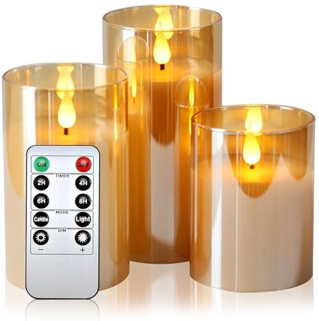 Zylume Battery Flameless Candles Real Wax Flickering,Led Glass Candles Single Battery with Remote Control and Timer for Festival Party Home(Gold)