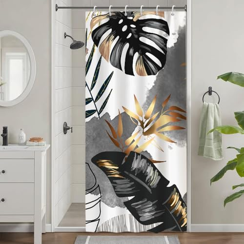 Uiiooazy Rideau Douche Anti Moisissure 90x180cm Gris Noir Tropical Boheme | Rideau de Baignoire Jungle Abstrait Feuilles de Palmier Boheme Tissu Lavable Imperméable avec 6 Crochets pour Salle de Bain