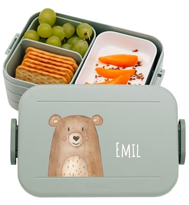 wunderwunsch MEPAL Brotdose Spülmaschinenfest Kinder, Lunchbox mit Einsatz für perfekte Ordnung, Spülmaschine, Mikrowellengeeignet, personalisiert mit niedlichem Motiv (Bär, grün)