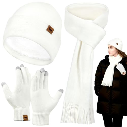 BAIEGOED Hat, Scarf and Touchscreen Gloves Gifts Set for Women, Dachshund-Themed Winter Thermal Set 3-Piece, Christmas, Birthday, Thanksgiving Present for Lady, Mom, Daughter, Bestie & Friends, White
