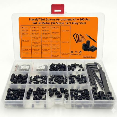 FIXXELY 360 Pcs Set Screws Assortment Kit (32 Sizes, Metric & SAE) – 12.9 Alloy Steel Hex Socket Grub Screws with Allen Keys for Door Handles, Bathroom Fixtures, Knobs & Machinery