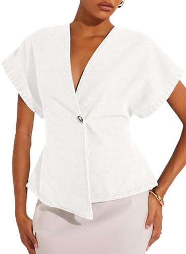EVALESS Womens Denim Shirts Short Sleeve Button Down Shirts 2026 Spring Summer Tops Sexy Deep V Neck Work Blouses Cotton Asymmetrical Jean Jacket Fashion Clothing White Small