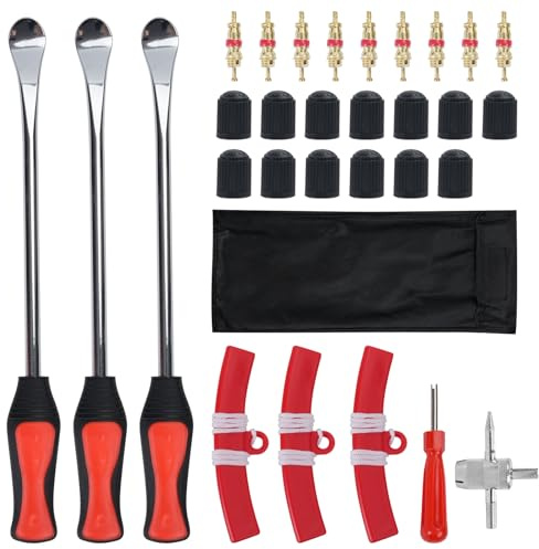 31 Pcs Demonte Pneu Voiture Moto Trottinette, Protecteurs de Jante, Démonte-pneus Manuels en Métal, Outils de Changement Réparation de Décapant, clé de valve 4 en 1, embouts de valve et bouchons