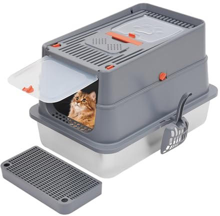 Caja de arena cerrada de acero inoxidable con tapa, caja de arena para gatos con pala, pedal de basura y almohadillas de agarre con apertura en forma de U, adecuado para gatos de hasta 15 kg (gris