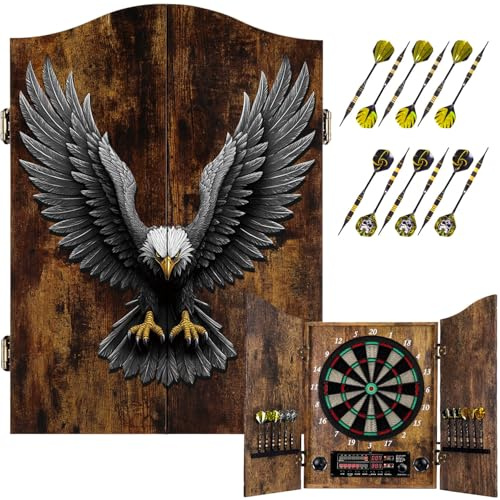 Yirinatek Dartscheibe Elektronisch, Dekoratives Elektronische Dartscheibe Schrank-Set [12 Bronze Soft-Tip Pfeile][Cricket-Spielmodus], Profi E Dart Scheibe mit Holzschranktüren - Vintage