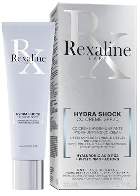 Rexaline Hydra Shock CC Crema SPF20 – Trattamento Colorato Idratante & Luminosità – Acido Ialuronico RX2, Vitamine C & E – Pigmenti Auto-Adattanti – Tutti i Tipi di Pelle – 30 ml