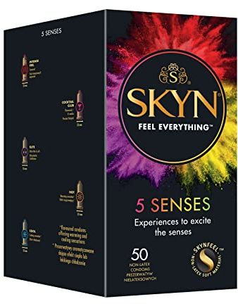 SKYN 5 Senses Kondome (50 Stück) | Skynfeel Latexfreie Kondome für Männer mit Noppen und Geschmack, Gefühlsecht Hauchzart, Wellentextur, Daiquiri-Aroma, Wärmendem Gel, Kühlendem Mentholgel
