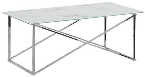Beliani Couchtisch Marmor Optik Weiß und Edelstahlgestell Silber 100 x 50 cm Glamour Wohnzimmer Kaffetisch Emporia
