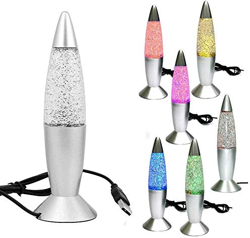 Riaxuebiy Glitter Lava Lampe LED Vintage Mini 7,28''Nachtlicht Lampe mit USB Multi Farbwechsel Raketenlicht für Kinder Jungen Mädchen Schlafzimmer Geschenk (Silber, USB)