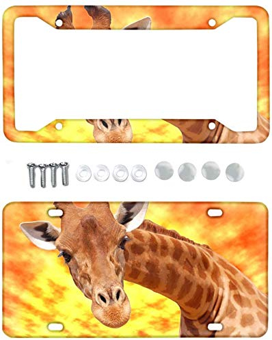 SEANATIVE Tier-Kennzeichen- und Halter-Set, 2 Stück, 3D-Giraffen-Druck, Nummernschild-Rahmen, Auto-dekorative Nummernschildabdeckung für amerikanischen Standard