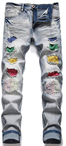 Liuhond Skinny Slim Fashion män slitna raka hål hip hop biker stretchiga jeans, Blå (1617), 34W x 31L