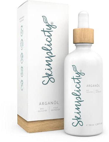 Skinplicity Arganöl für Gesicht, Haare, Haut, Bart - Pflegeöl - Haaröl in Bio-Qualität. Kaltgepresst und Vegan, ohne Tierversuche