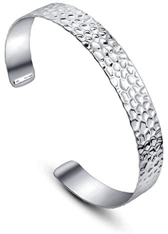 Amberta Damen Gehämmerter Armreif aus 925 Sterling Silber: Dickes Manschette Armband aus Silber